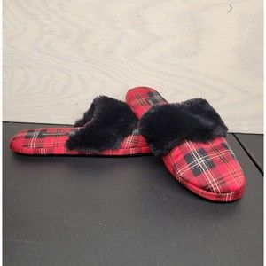 Victoria's Secret Women's SZ Large Plaid House Slippers Red Black Faux Fur